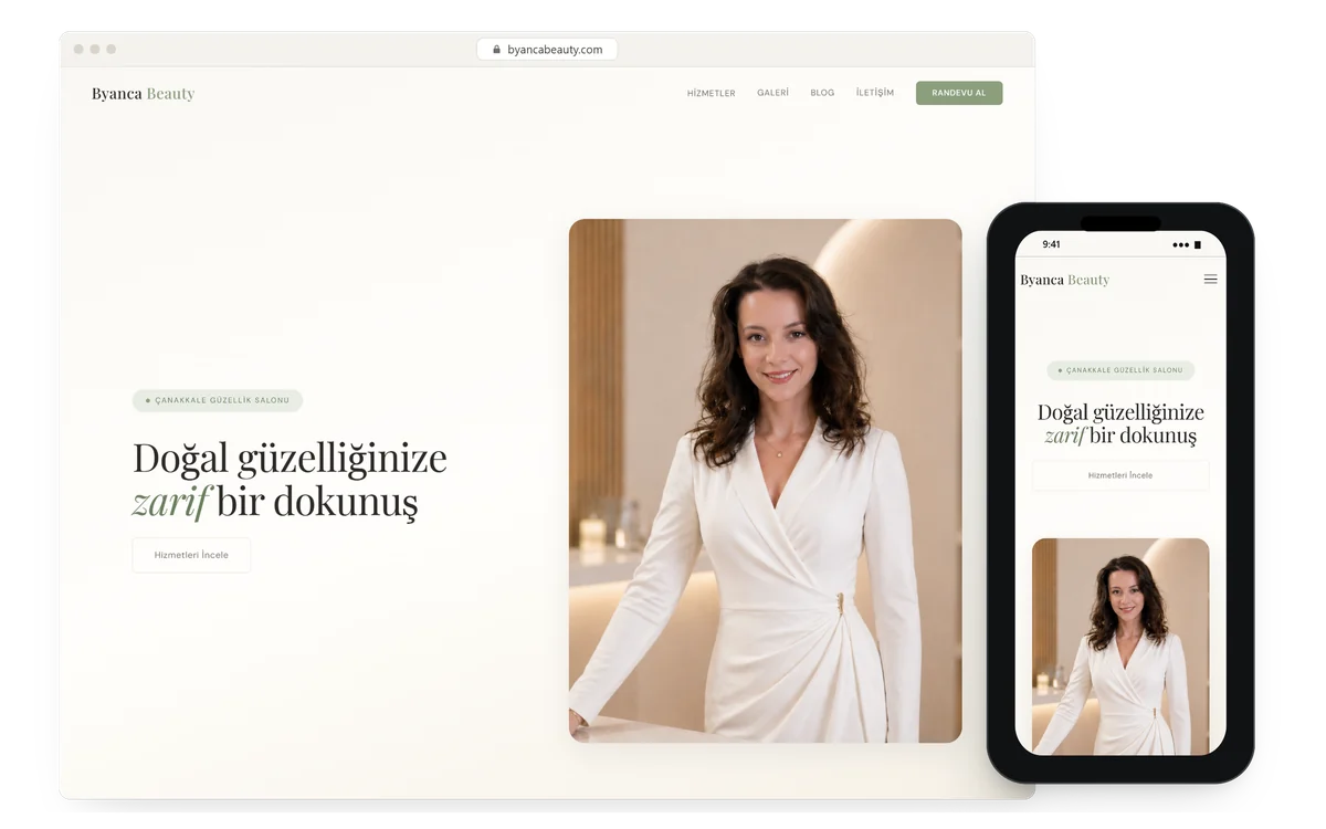 Byanca Beauty için kurduğumuz sitenin tarayıcı ve telefon ekranları
