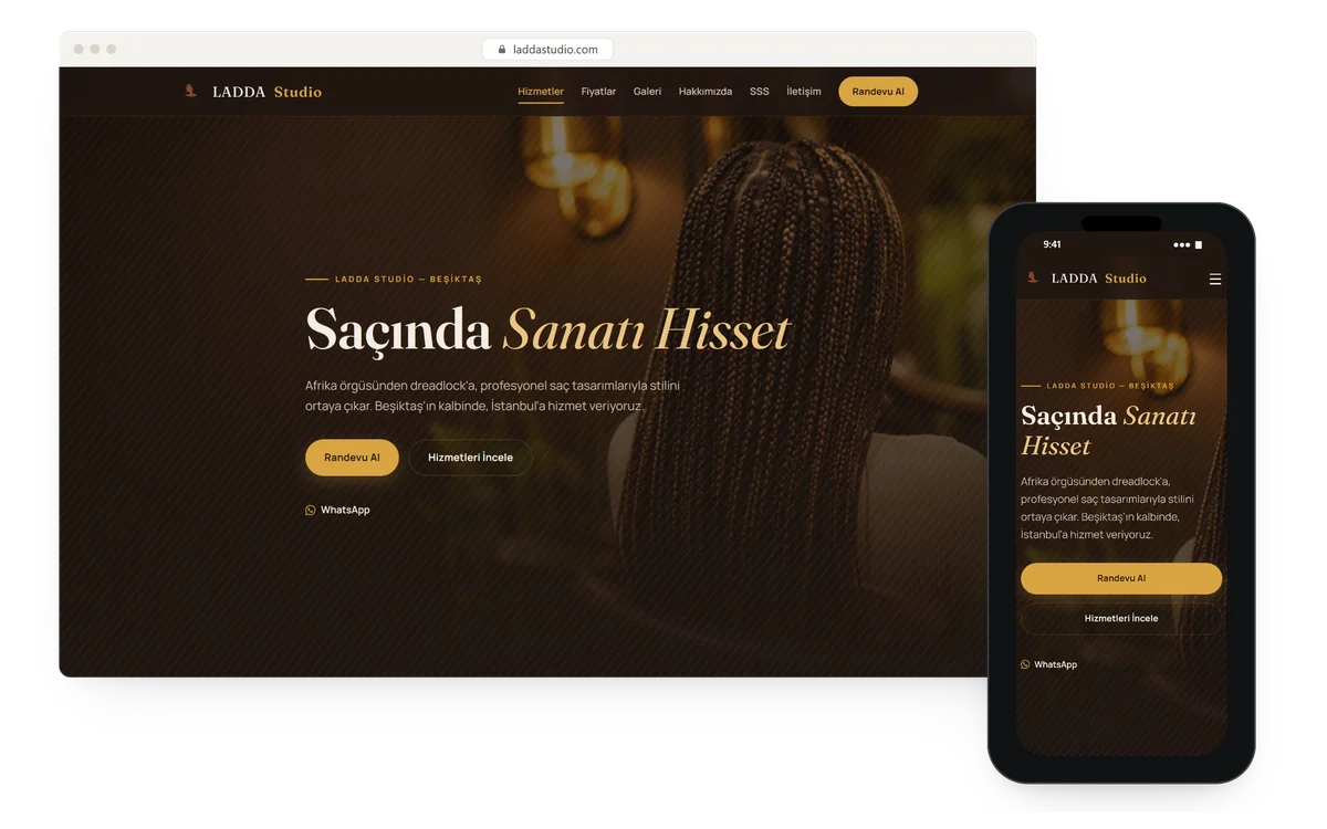 Ladda Studio için hazırladığımız sitenin tarayıcı ve telefon ekranları
