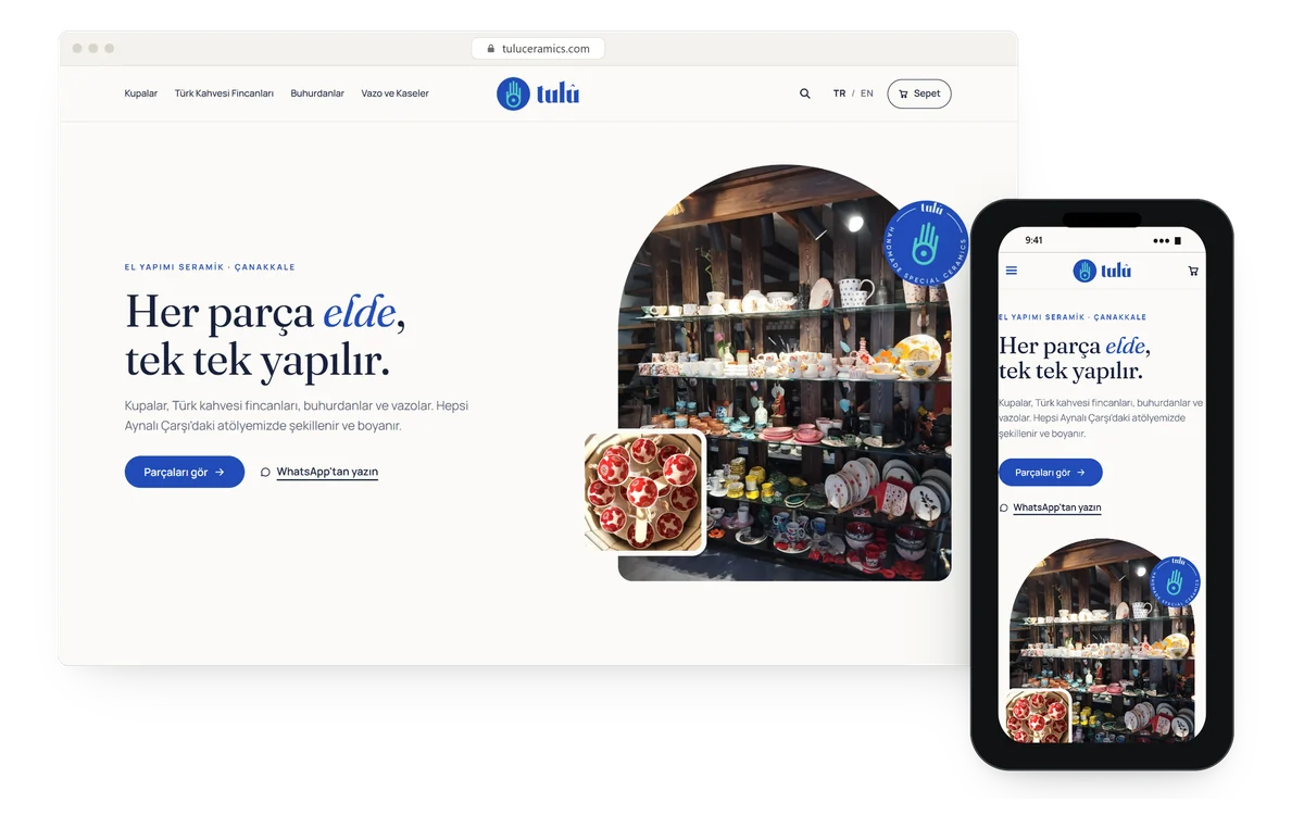 Tulu Seramik için kurduğumuz sitenin tarayıcı ve telefon ekranları