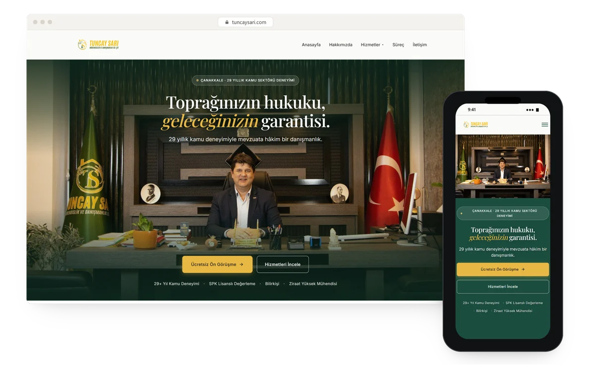 Tuncay Sarı için kurduğumuz sitenin tarayıcı ve telefon ekranları